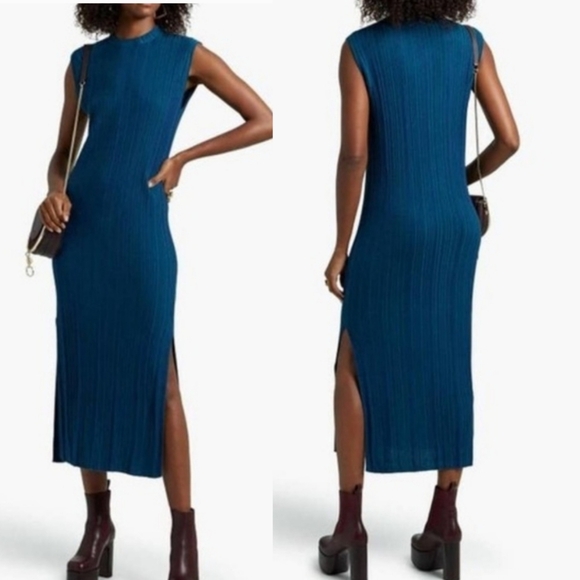NWT Naadam | Silk Cashmere Blue Ribbed Midi Dress - Picture 1 of 9